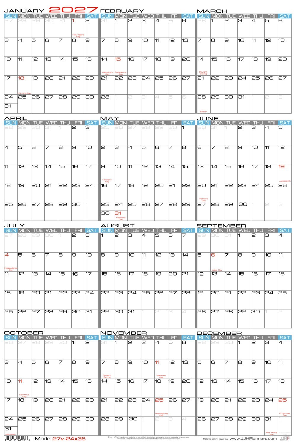 2027 Folded Paper – 24" X 36" Large Erasable Wall Calendar – Vertical