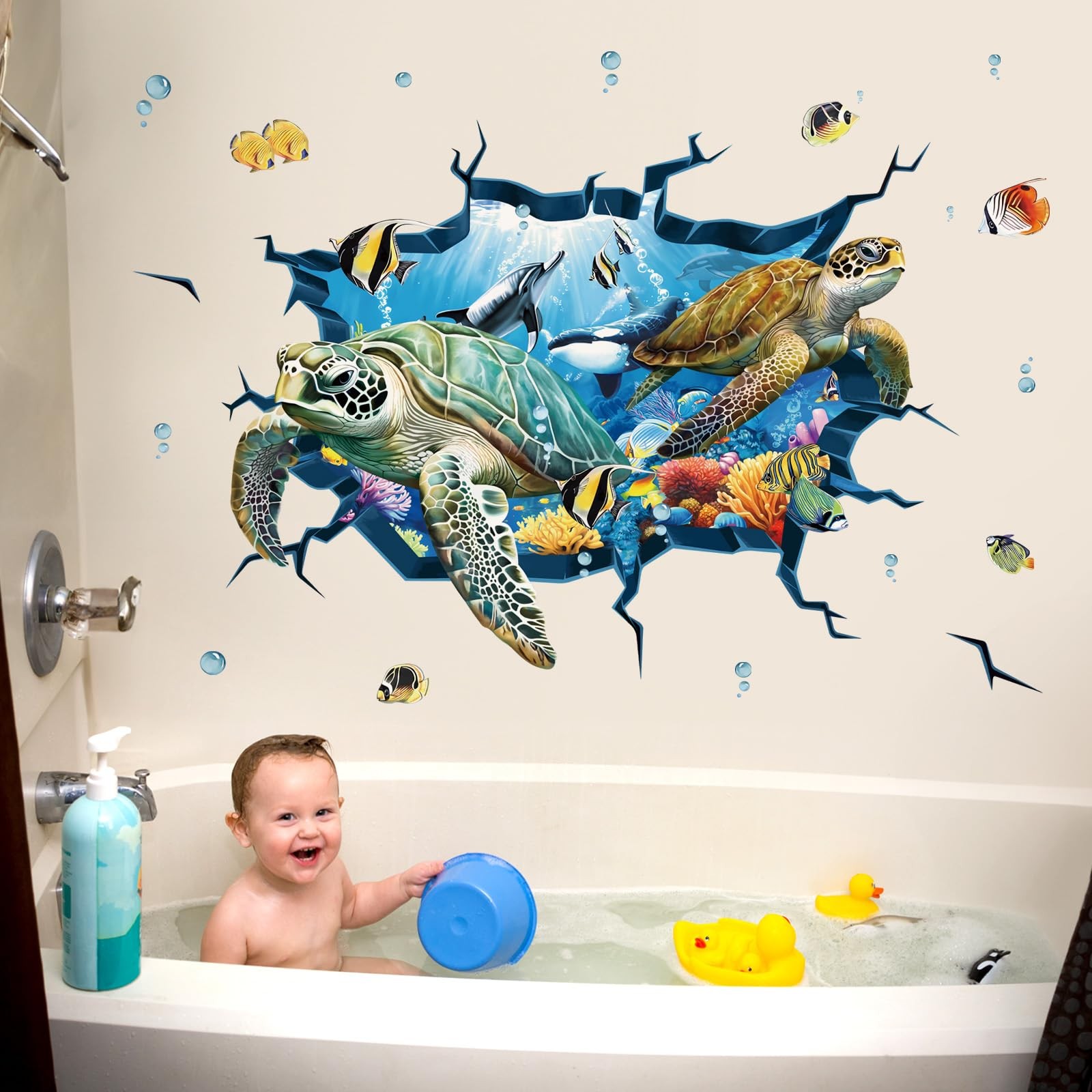 decalmile 3D Under The Sea Turtle Wall Decals Underwater Ocean 3d