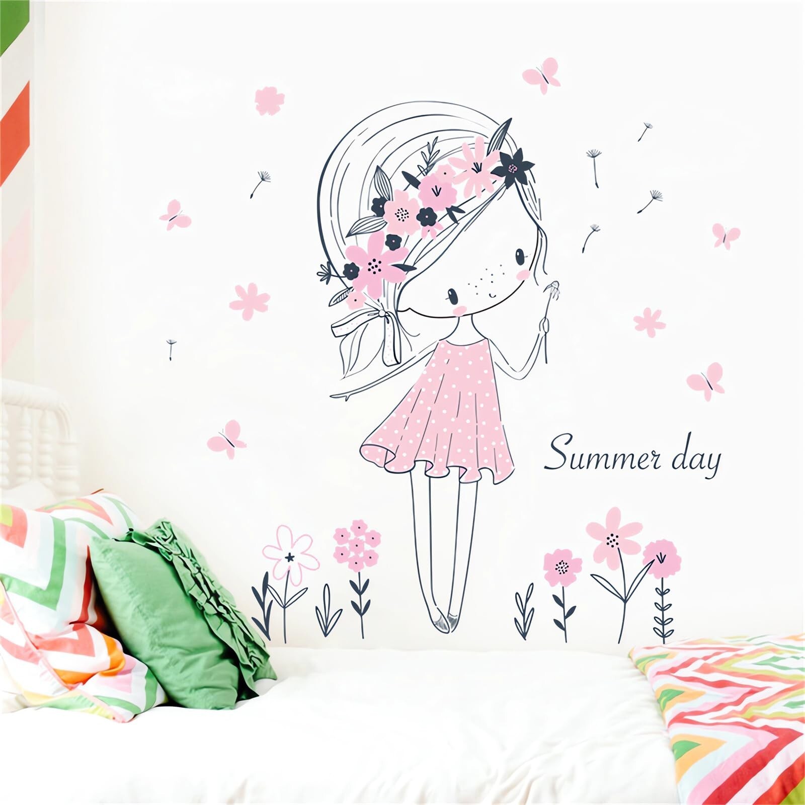 Pale Pink Dandelion Girl Wall Stickers, sacinora Summer Flower Fairy Art Wall…