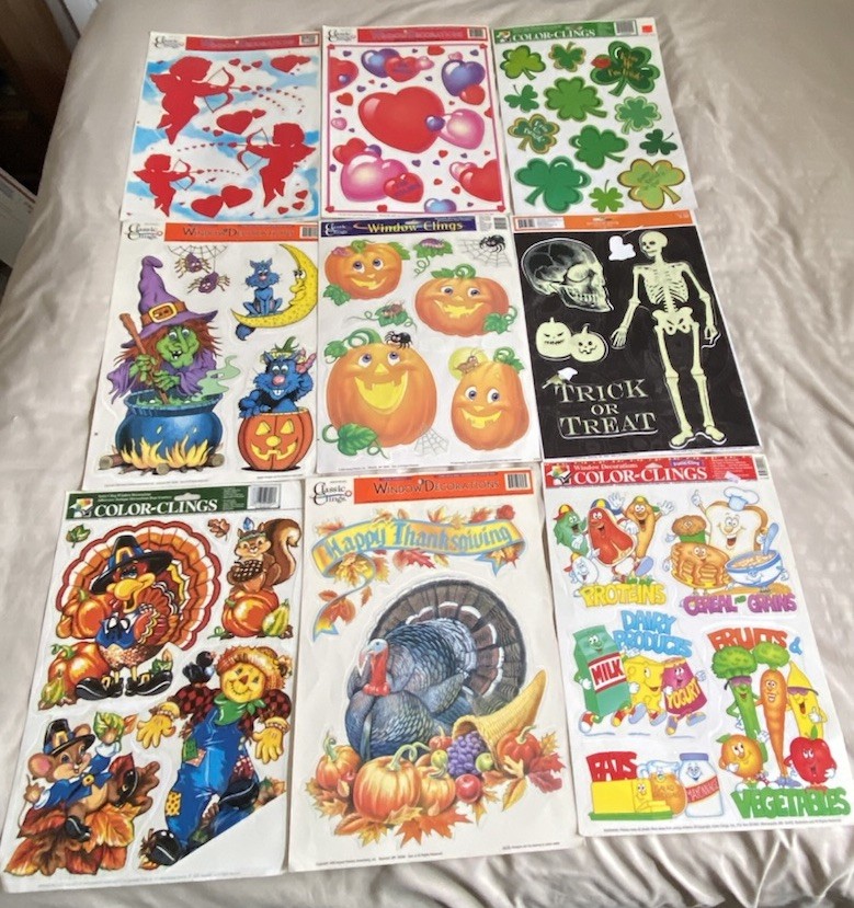 Vtg Lot of 9 Holiday Valentines/Halloween/Thanksgiving/Other Window Gel Clings