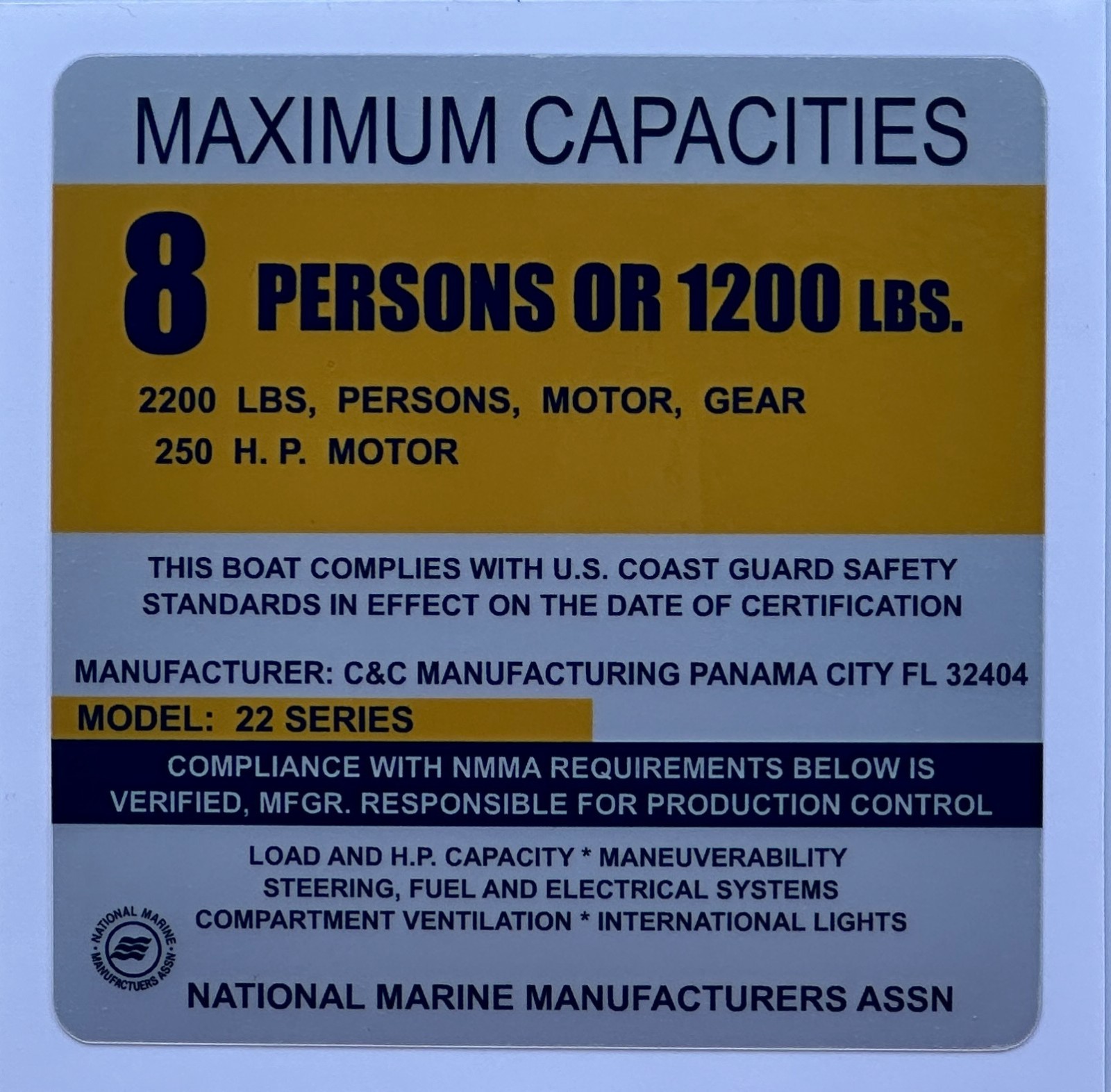 Boat Capacity Plate Sticker 8 Persons 1200 LBS 250 HP C&C 22 Series Decal 4×4