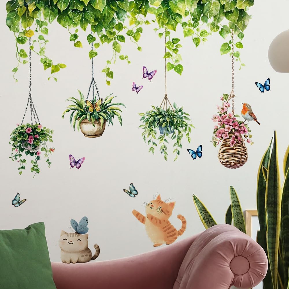 iMagitek Hanging Plants Wall Decals Garden Butterfly with Cat Bird Wall Stick…