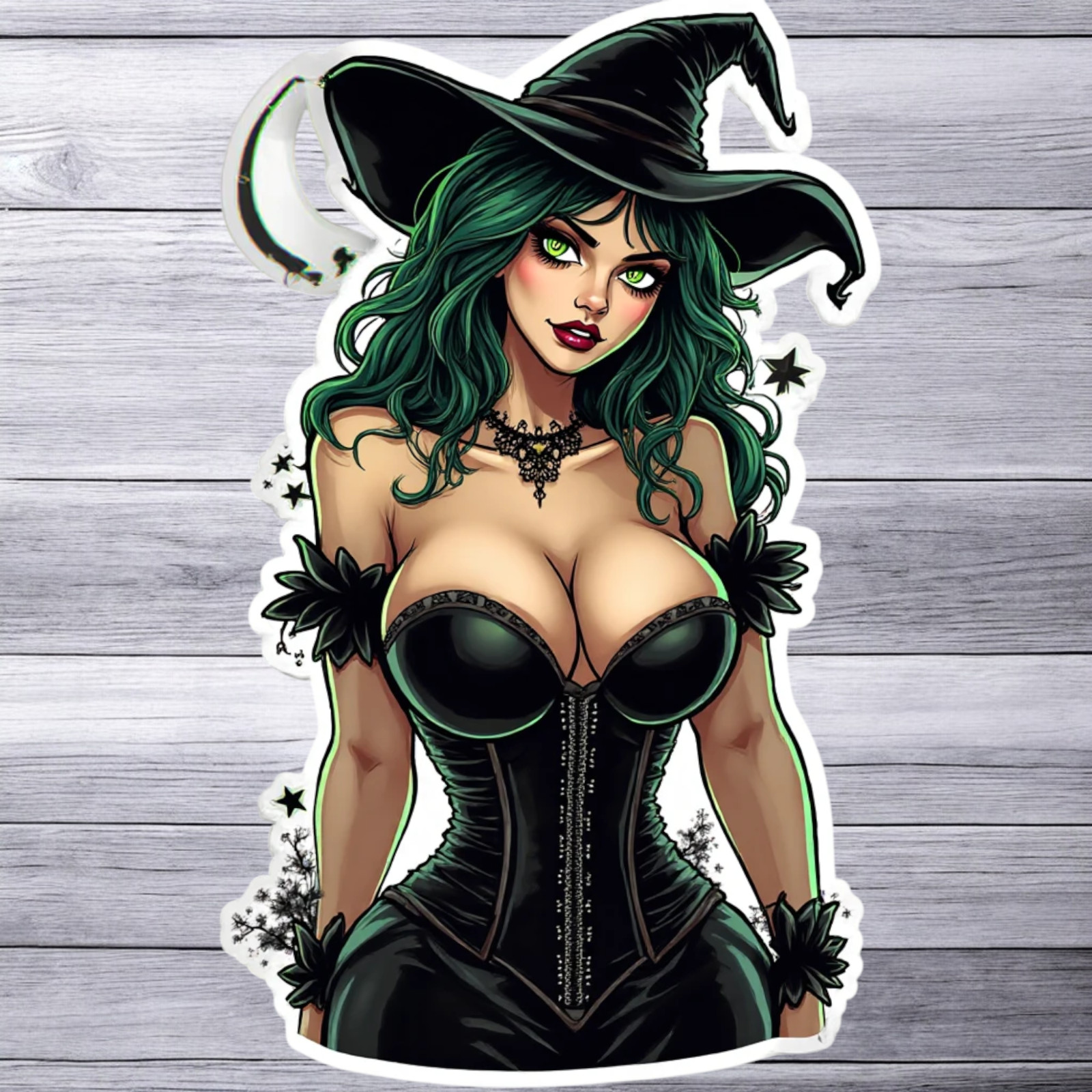 Pinup girl sticker vinyl decal sexy witch green hair corset hat gothic style