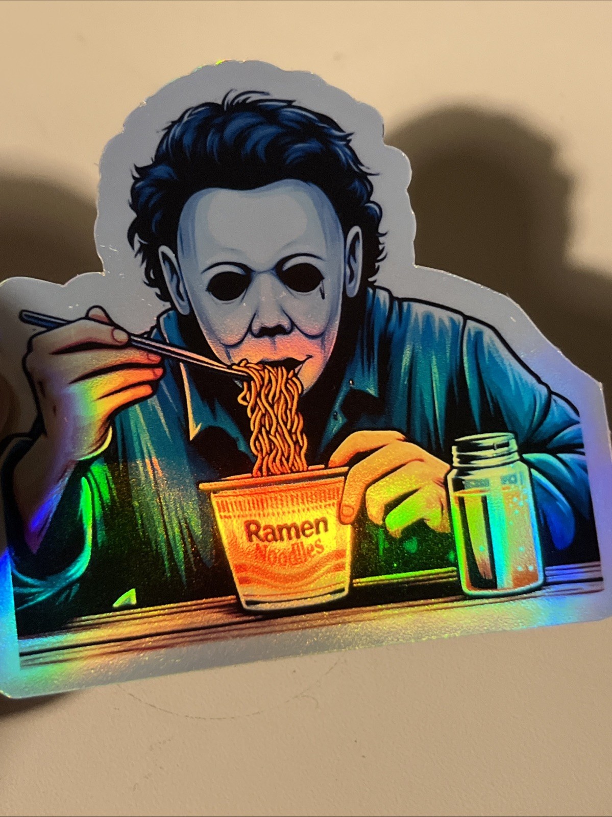 Michael Myers Eating Ramen noodle 3 Inch Holographic Sticker