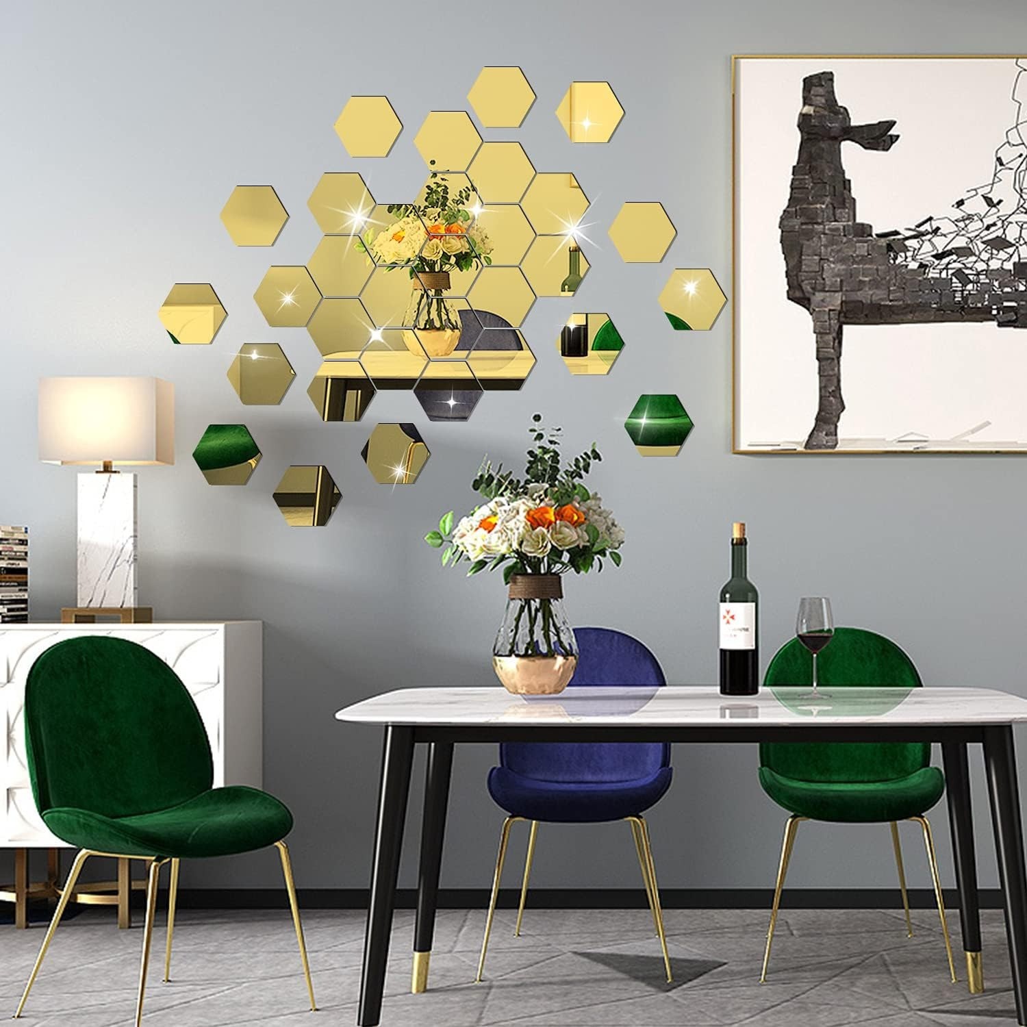 24Pcs Large Hexagonal Mirror Wall Stickers Boho Living Room Background Wall Art