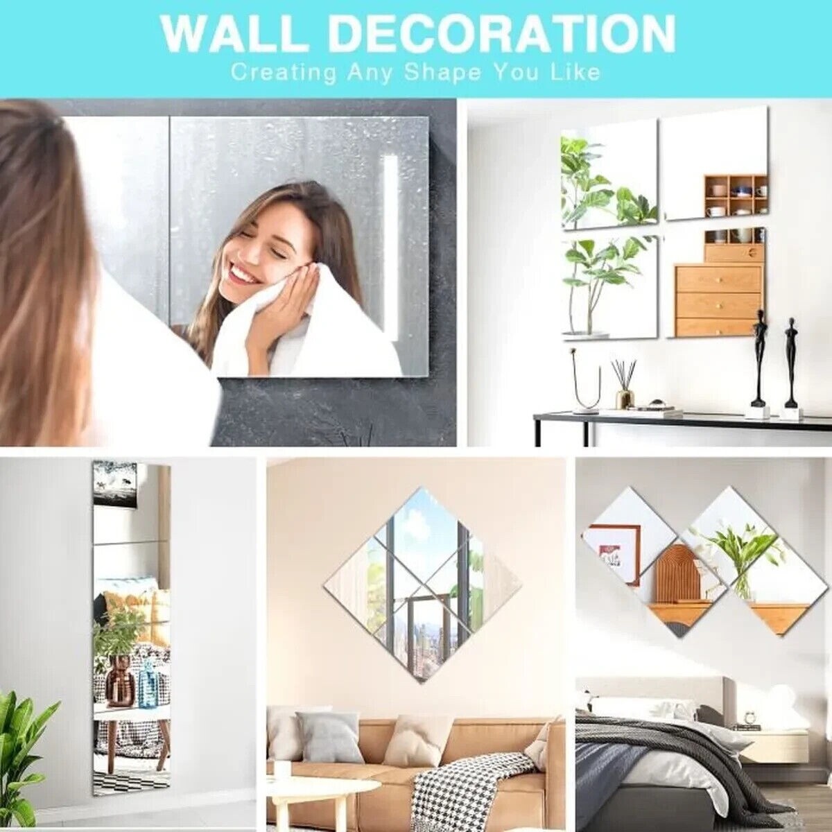 4 Piece Adhesive Glass Wall Mirror 22 x 22cm Decorative Mirror Sticker