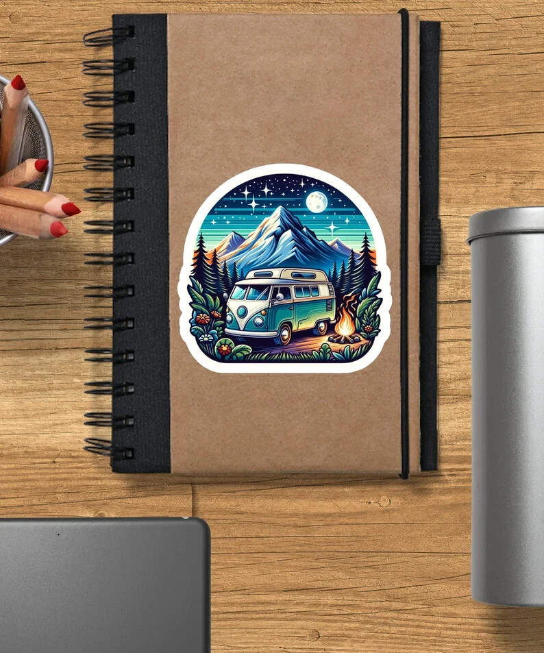 Vintage Camper Van Sticker – Mountain Scene, Outdoor Adventure, Water-Resistant