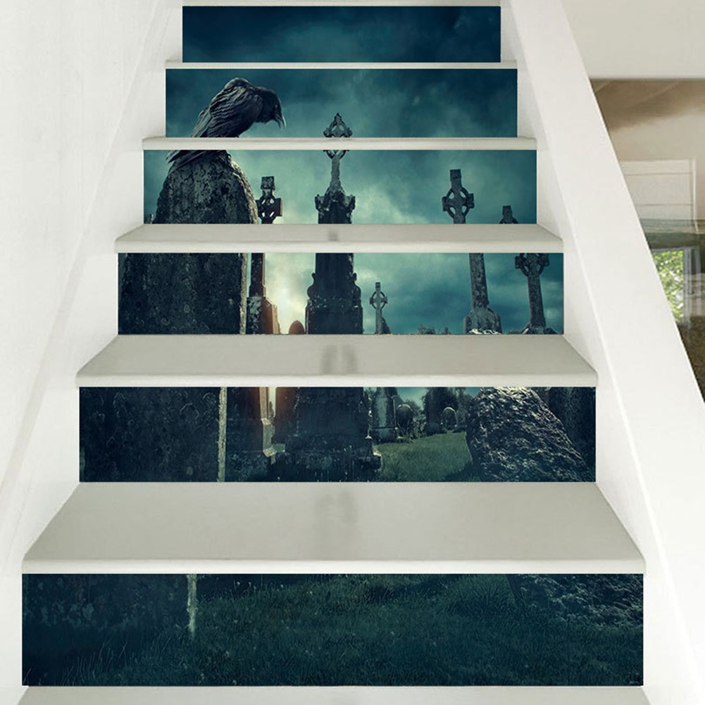 Halloween 3D Waterproof Stair Wall Crow Tombstone Stickers Home Party Decora FFW