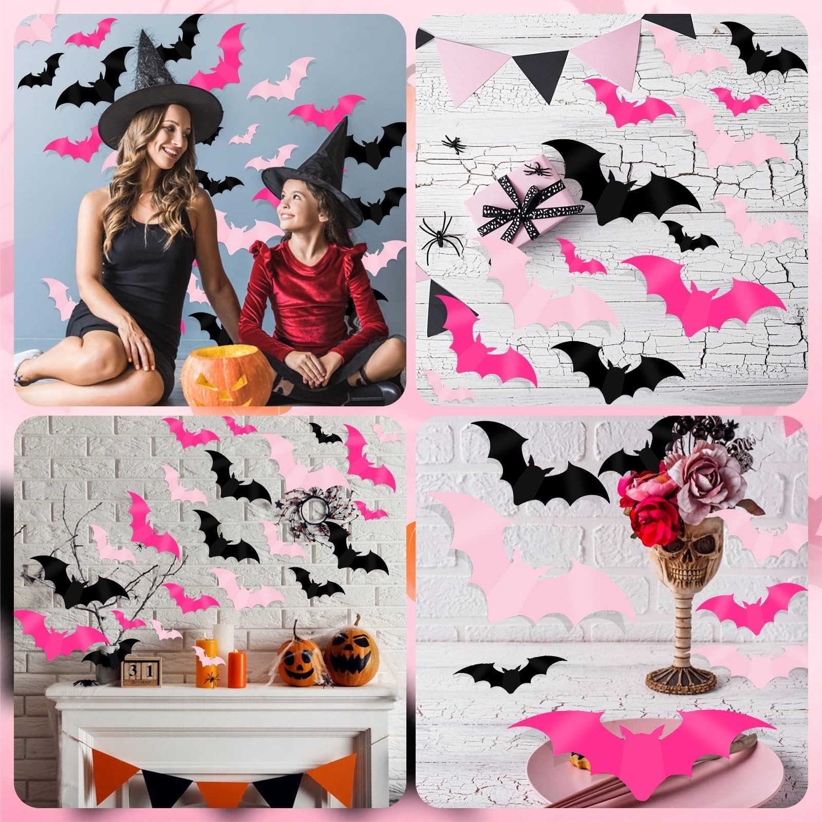 DIYASY 144 Pcs Pink Bats Wall Decor, Halloween 3D Black, Pink, Rose