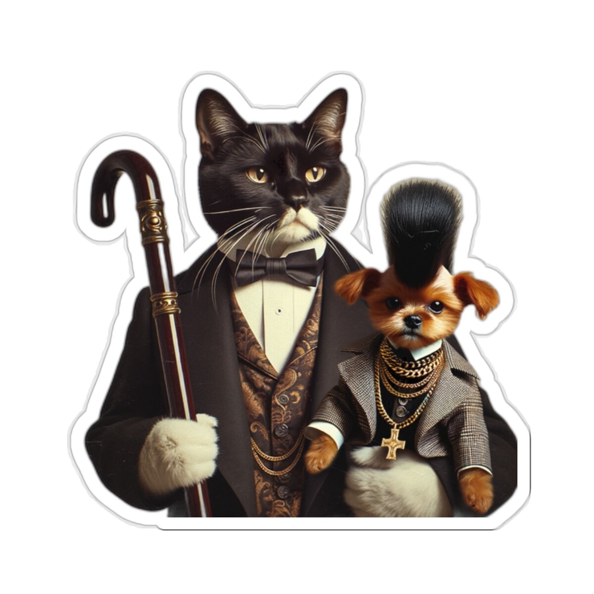 Sticker Classy Gentleman Cat Holding Small Dog Mohawk Chains 2×2" 3×3" 4×4" 6×6"