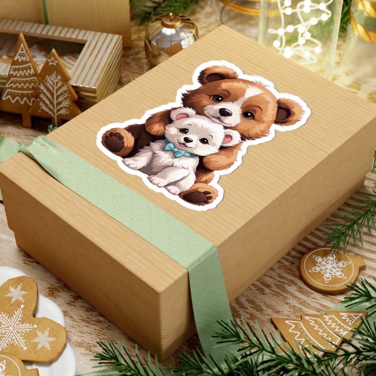 Adorable Bear and Pup Kiss Cut Stickers, Cute Animal Decor