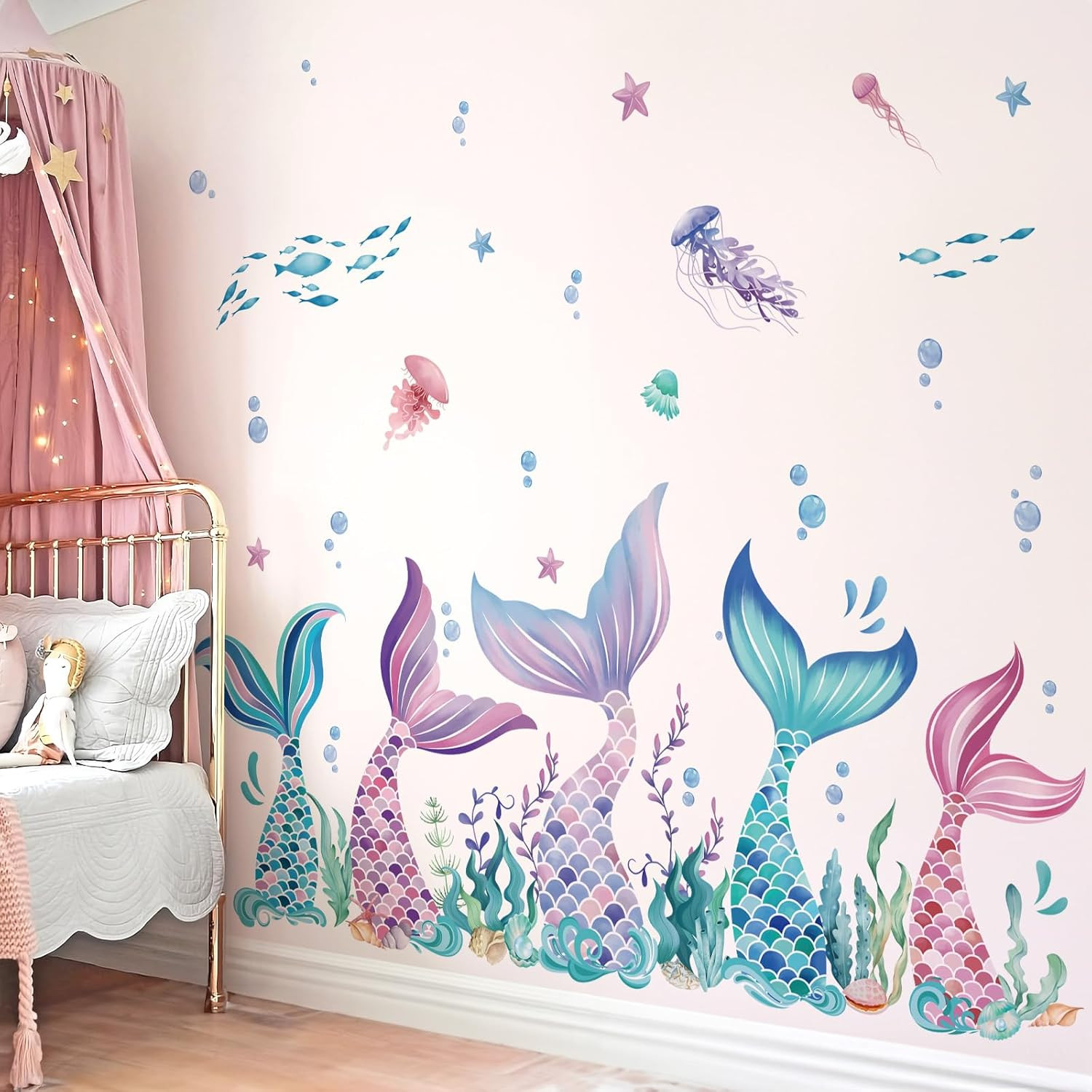 Mermaid Tail Wall Stickers Under The Sea Mermaid Bubble Seaweed Peel and Stick W
