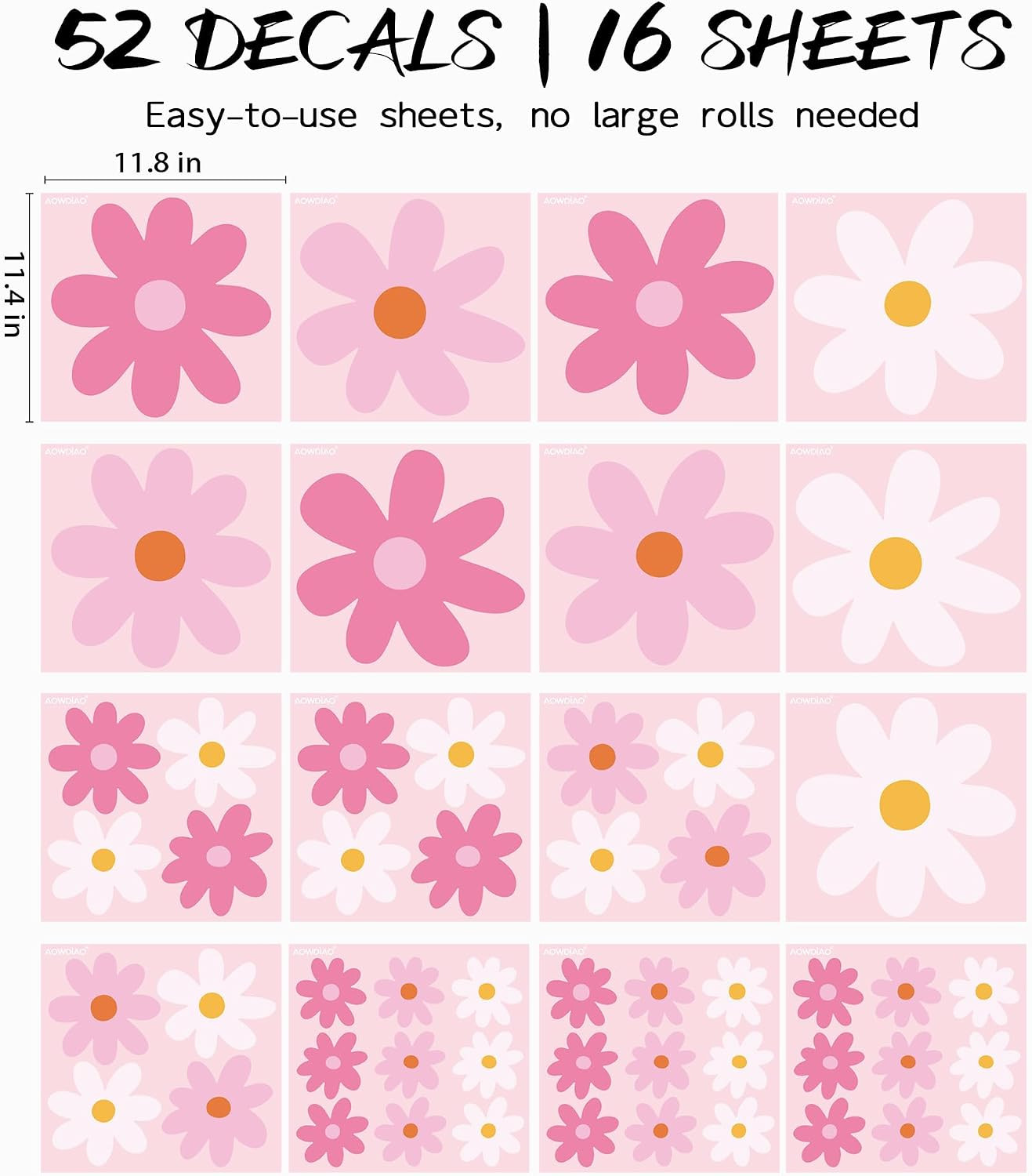 Large Daisy Wall Decals – 52 Pcs Pink Peel and Stick Flower Wall Stickers for Be