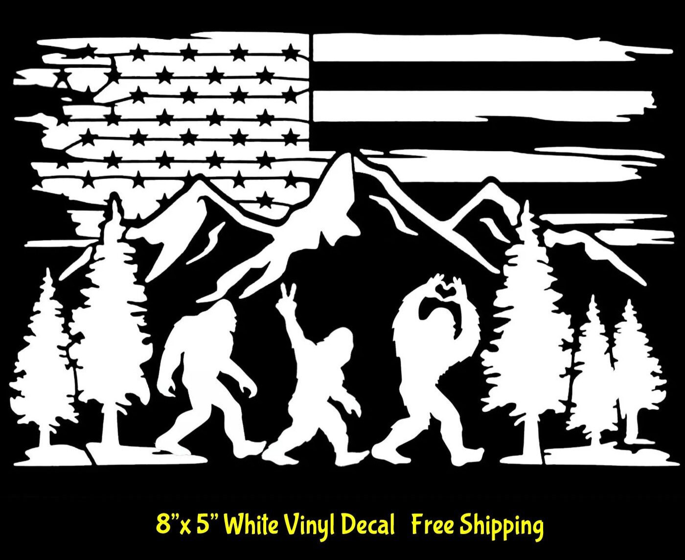 Bigfoot Sasquatch Having Fun American Flag Mountain Range 8" White Vinyl Decal