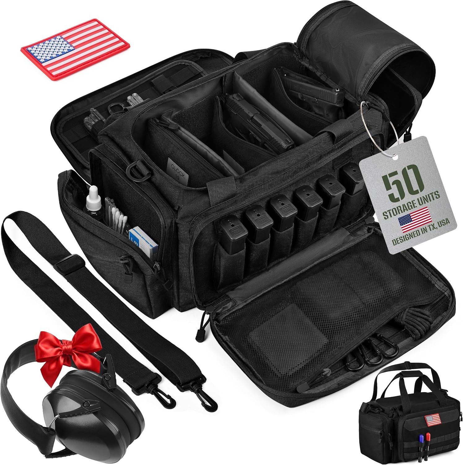 Gun Range Bag with 3 Pistol Cases, Removable MOLLE Organizer, Total 50 Storage U