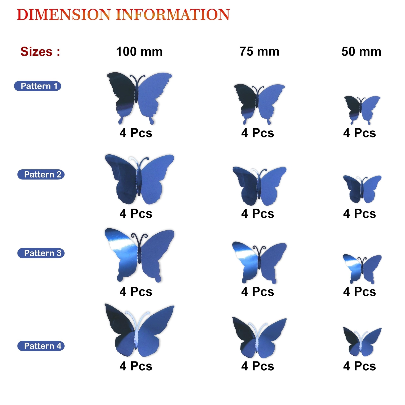 3D DIY Mirror Metallic Butterfly Wall Decor, Dark Blue, 48Pcs 4 Styles 3 Size…