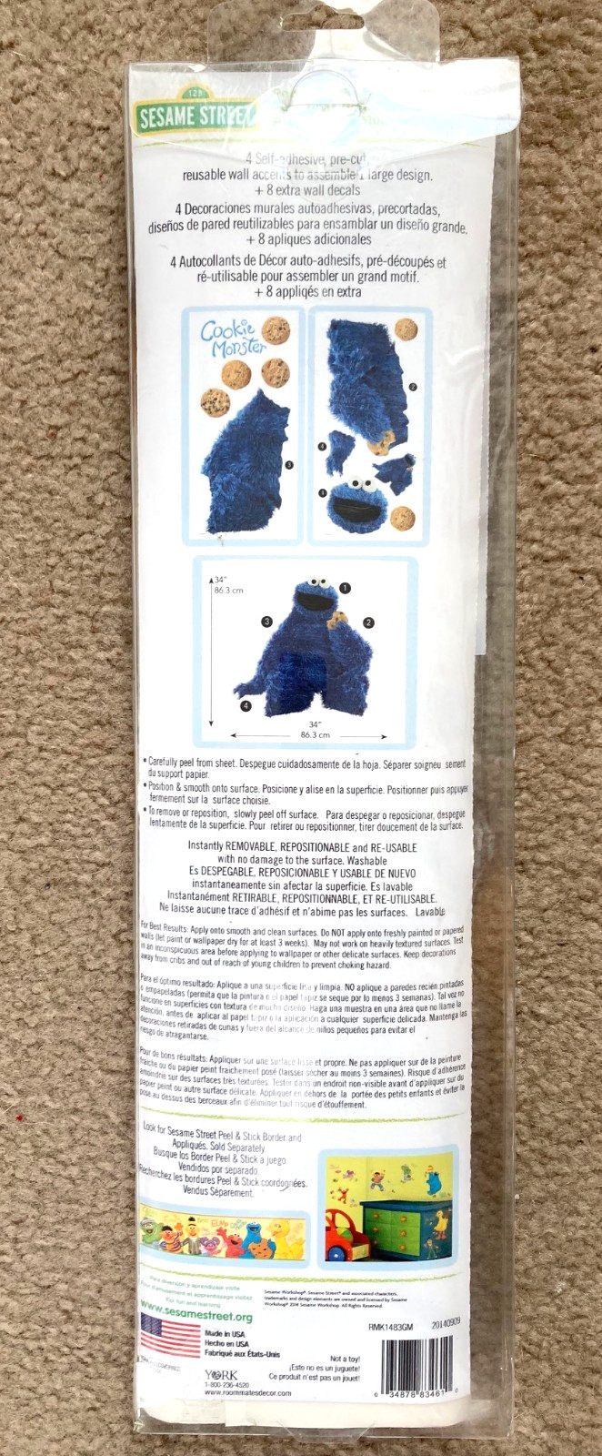 Cookie Monster Sesame Street Wall Art Kit 12 pieces Peel Stick Move – NEW