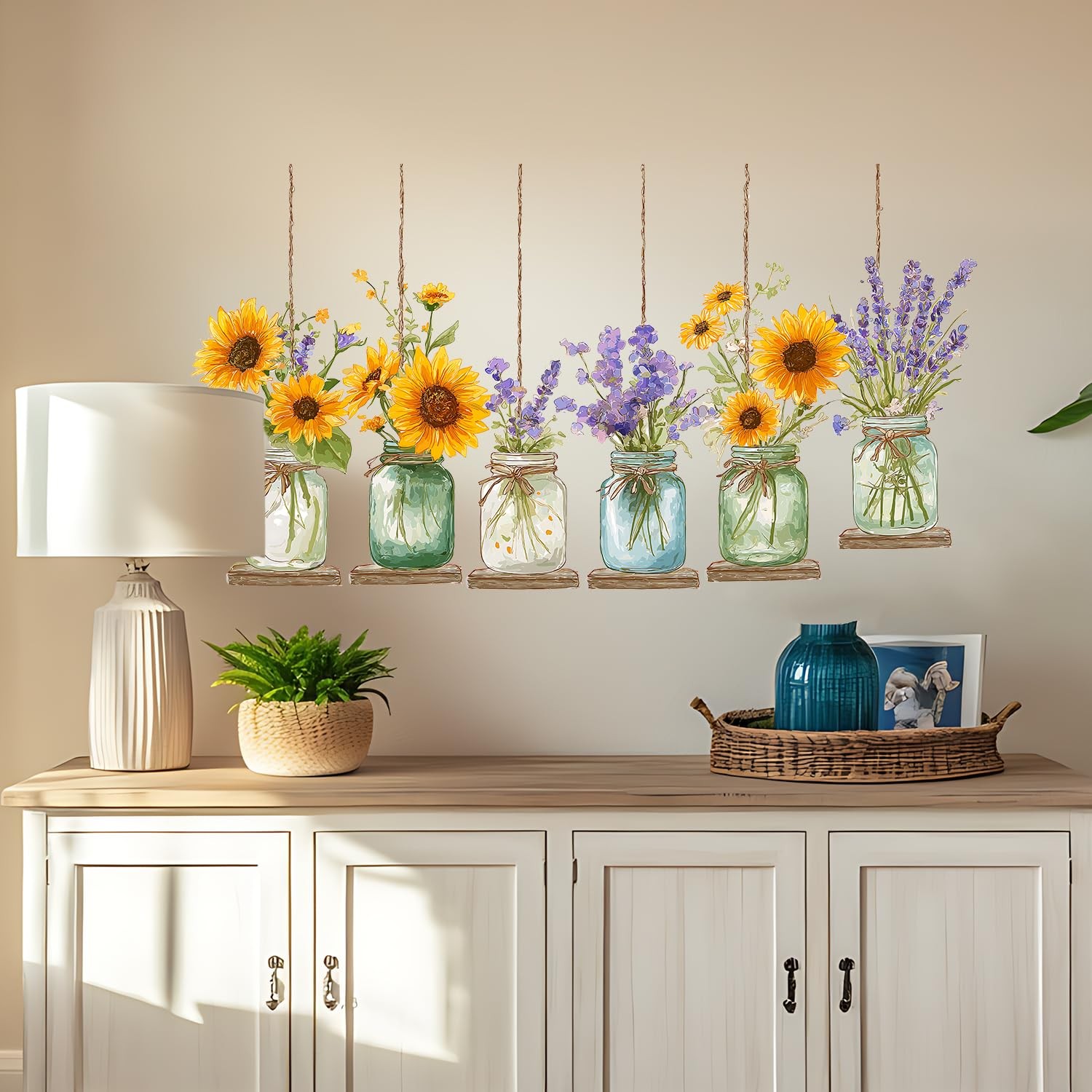 Sunflower & Lavender Hanging Mason Jar Wall Stickers – 35”x12” Floral Decals …