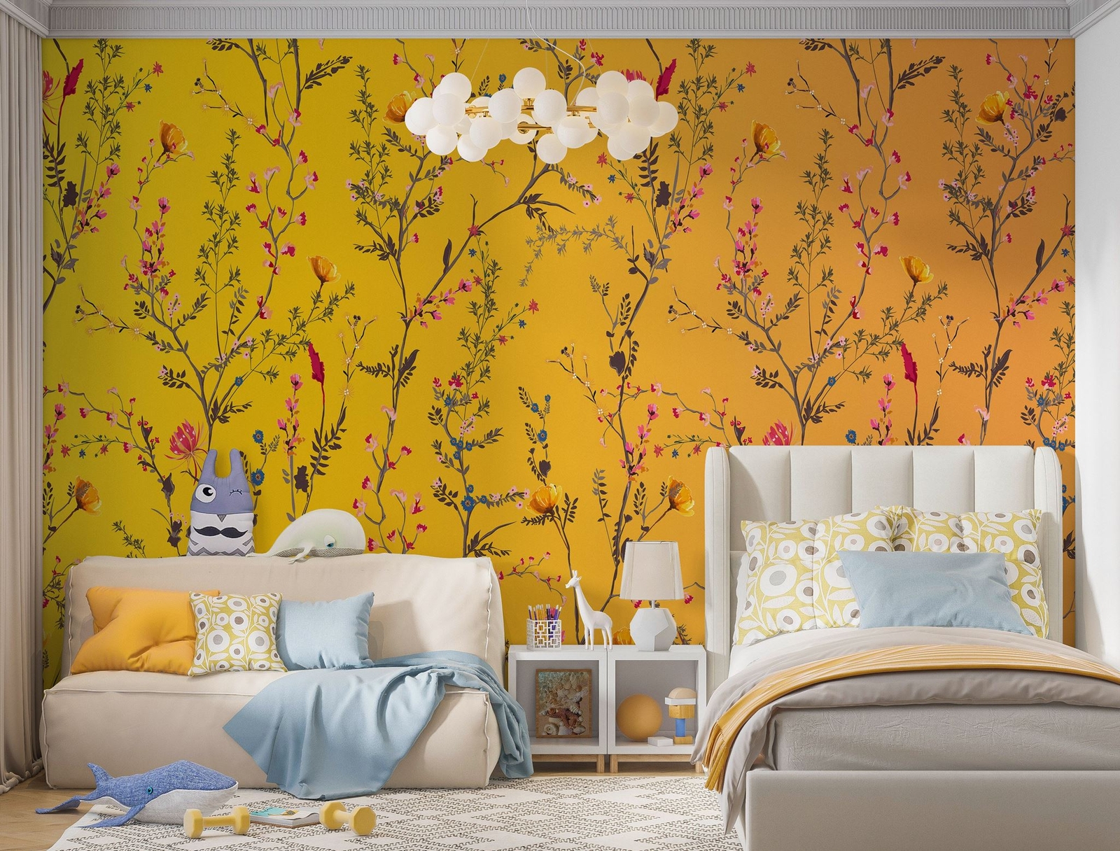 Botanical Flower Garden With Yellow Orange Background Wall Mural. Blossom Flower