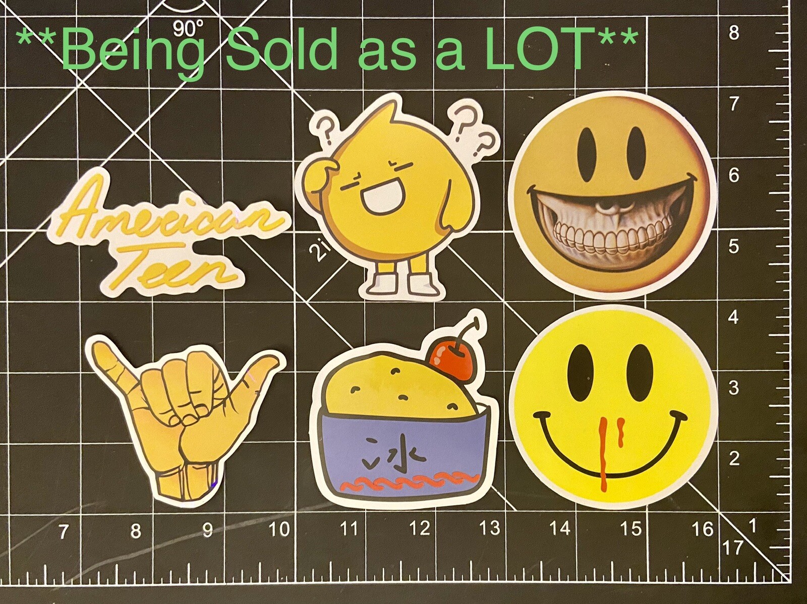 “Yellow” LOT of 6 Stickers (smiley face, American teen, emoji, cherry cake, etc)
