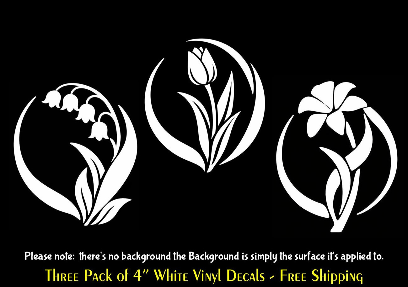 Trio of Spring Flowers Tulip Lilly Three 4" White Vinyl Decals Any Flat Surface