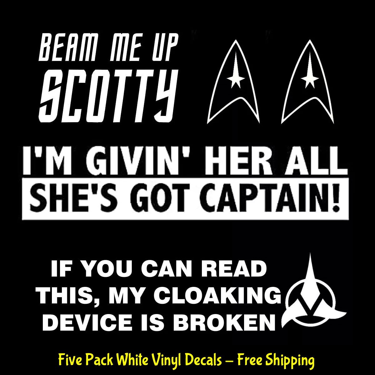 Star Trek 5 Pack White Vinyl Decals Car Truck Tumblers Laptop Tablet Windows