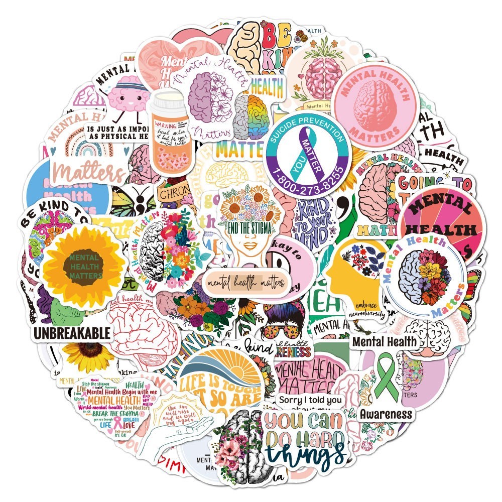 100pcs Mental Health Stickers | Positive Quotes Brain Art | Laptop Water Bottle