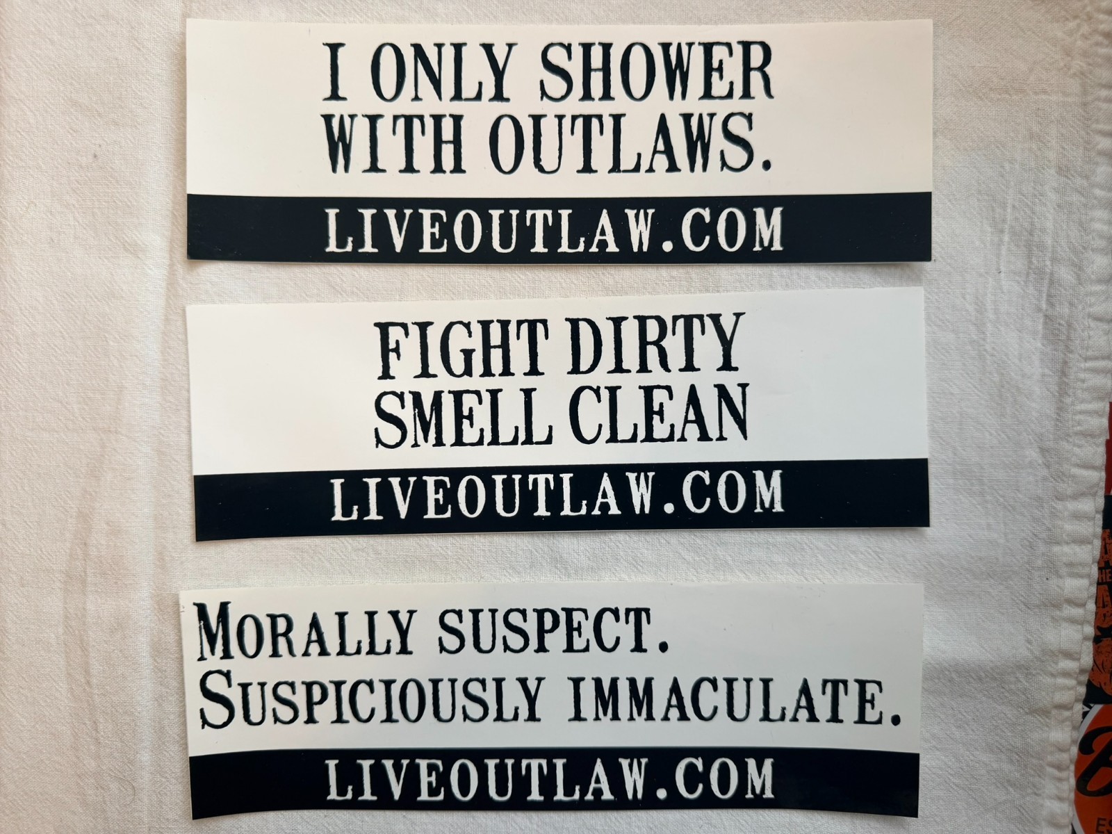 Outlaw Soaps 3 bumper stickers 8 7/8" x 2 3/4" black and white OOP