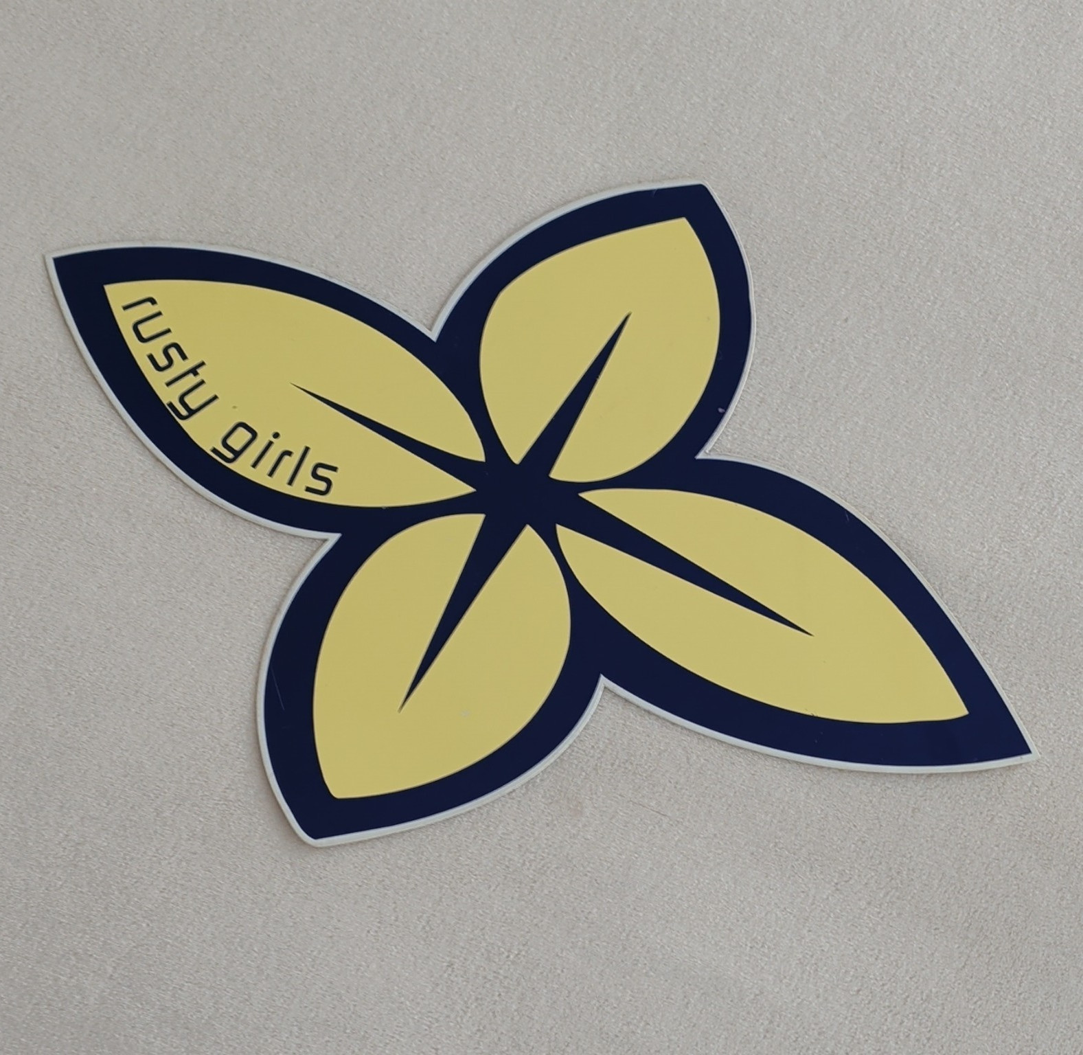 Rusty Girl Vinyl Wall Decal Flower Logo Sign Blue Yellow 21 x 15 in