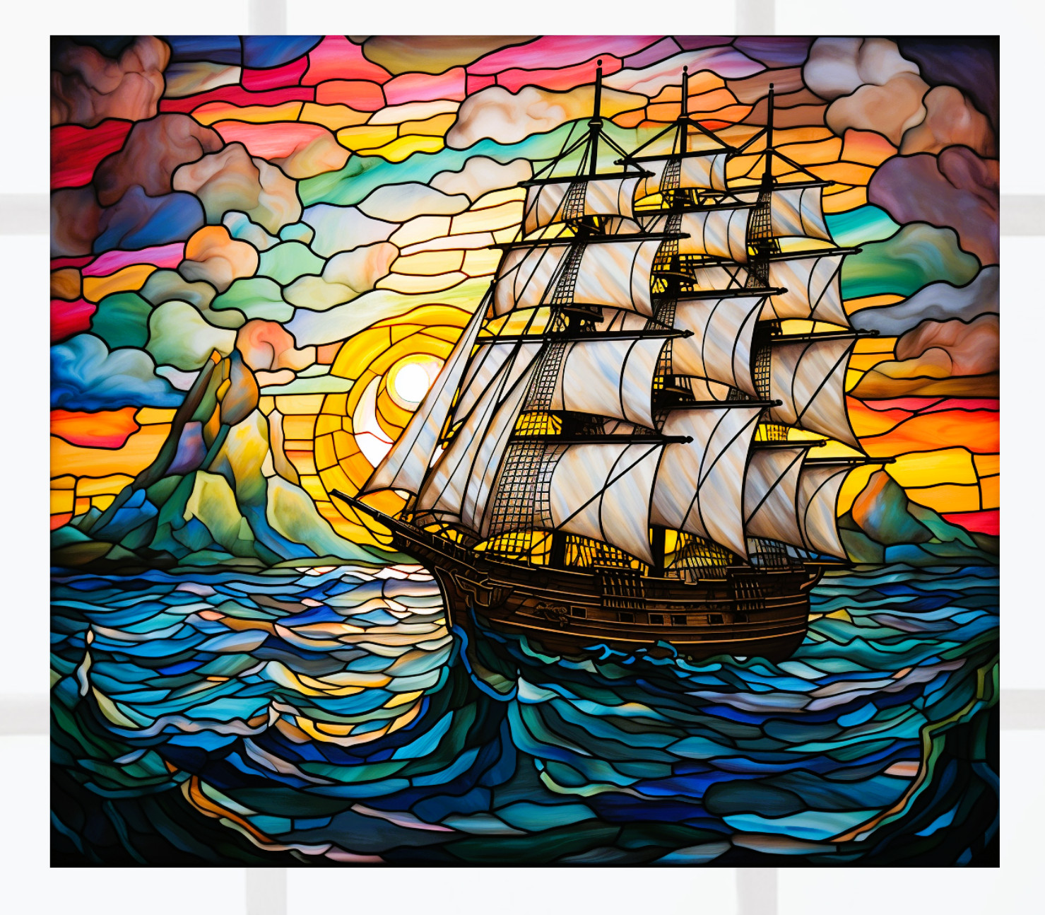 Sailing Ship at Sunset Faux Stained-Glass WINDOW CLING Size 9.1" Vinyl