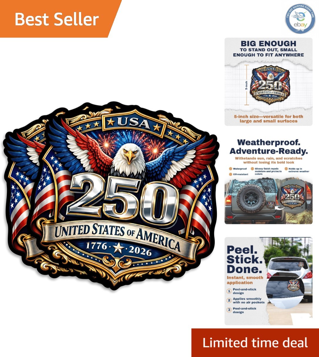 Durable 250 Anniversary Vinyl Stickers – American Flag 2-Pack for Laptops