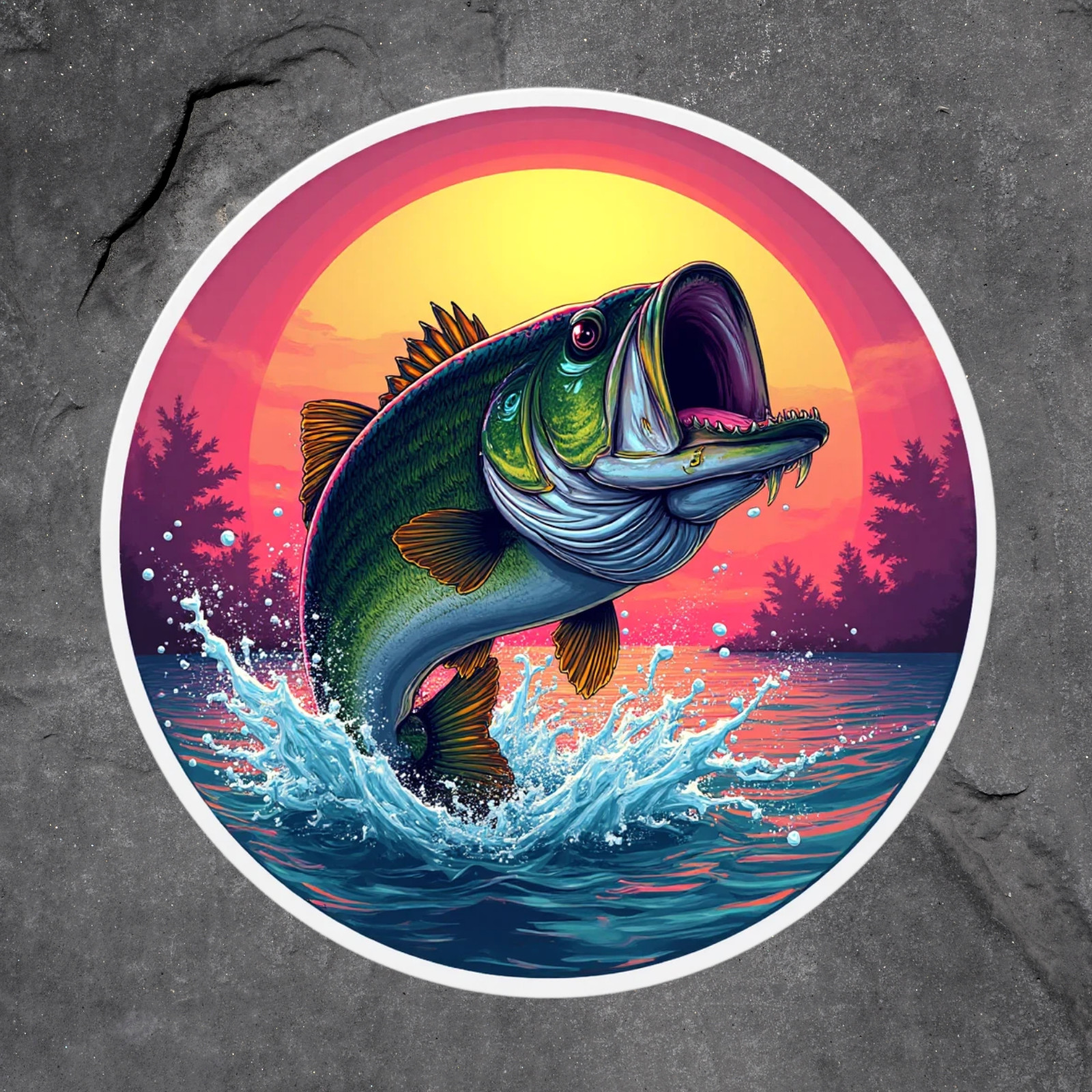 Fishing sticker vinyl decal bass fish jumping lake outdoors sunset