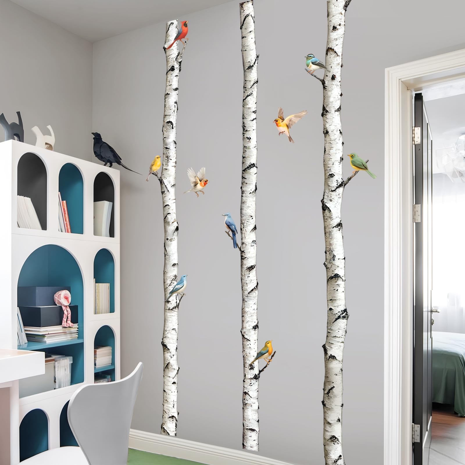 Birch Tree Wall Decal 95in White Aspen Birds Vinyl Peel Stick