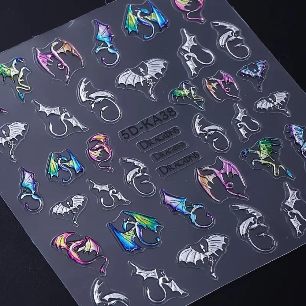 2 Sheets 5D Embossed Nail Art Stickers, Silvery Colored Bat Flying Dragon Q2