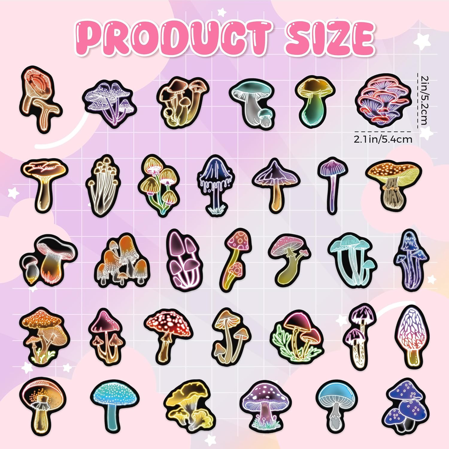 50 Pcs Glow in the Dark Neon Mushroom Water Bottle Stickers, Waterproof Vinyl Mu