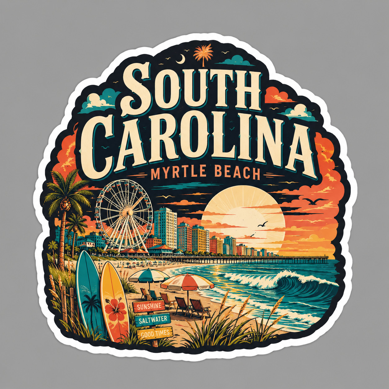 South Carolina Sticker Vinyl Decal Myrtle Beach Boardwalk SkyWheel Surf Travel
