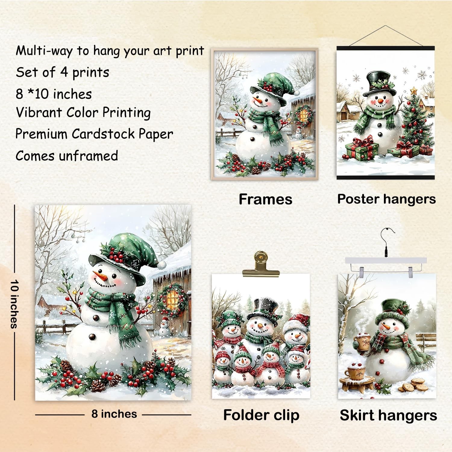 Qabliqo Vintage Christmas Snowman Wall Art Prints Set of 4, Holiday Winter Ch…