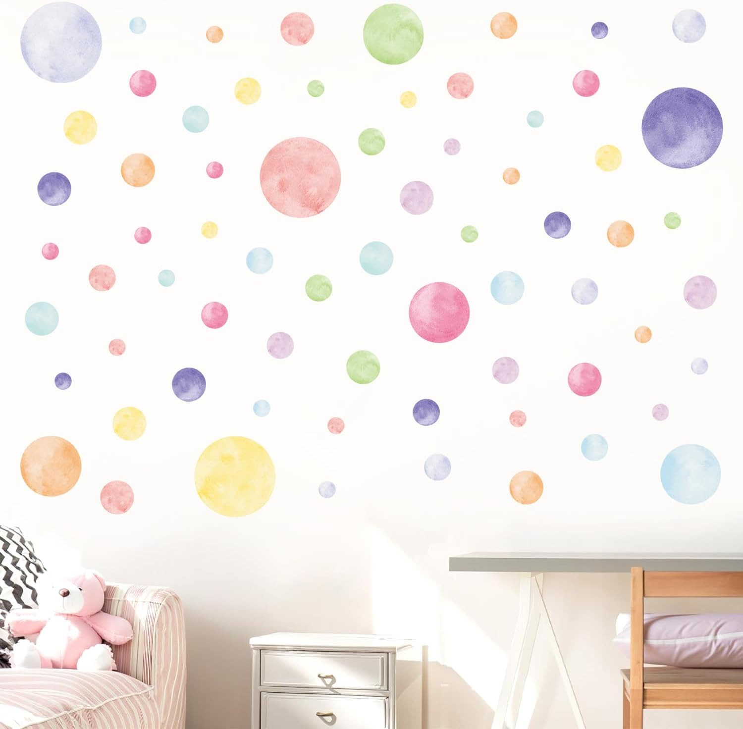 68 Large Watercolor Polka Dot Wall Decals, Peel and Stick Vinyl Stickers for Gir