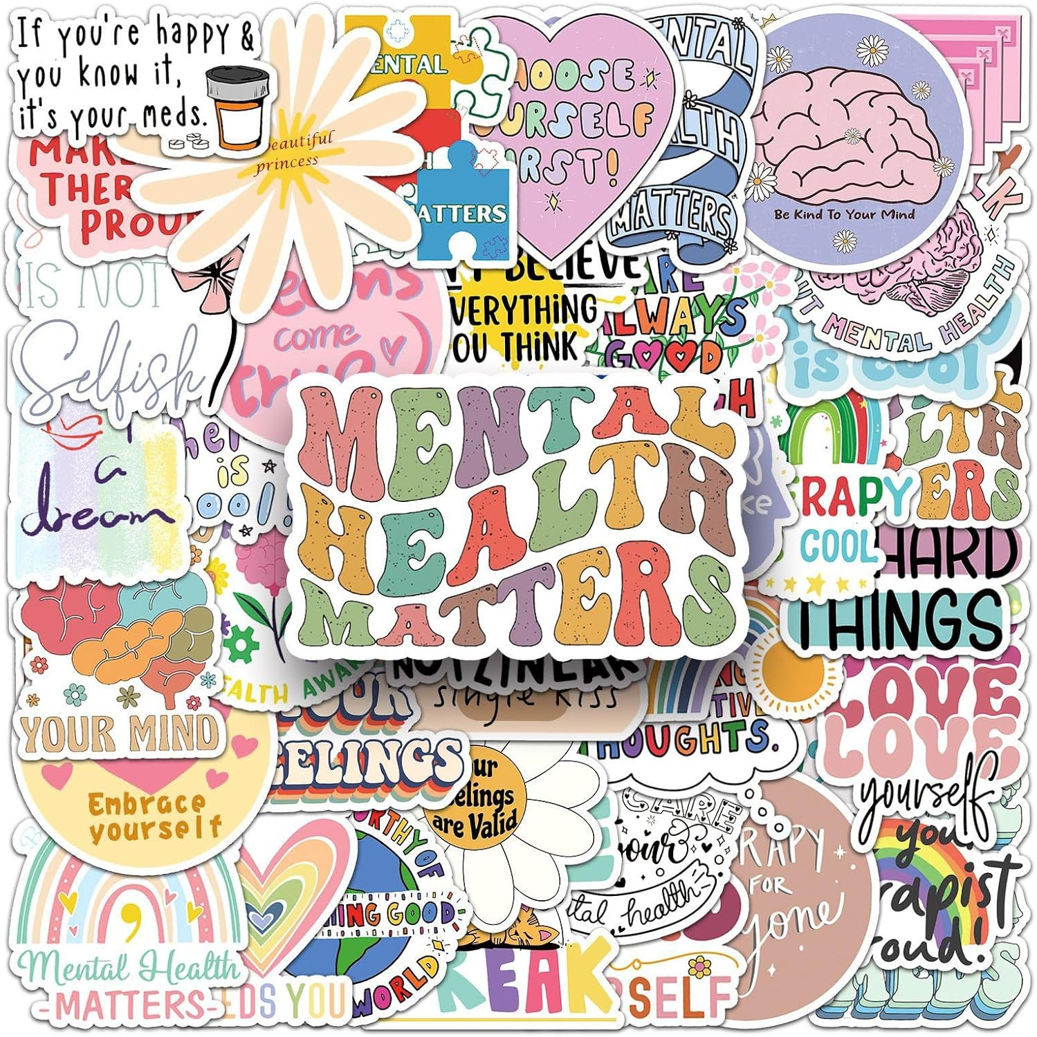 Mental Health Matters Stickers Pack for Journals, Water Bottles, 50Pcs Vinyl Th