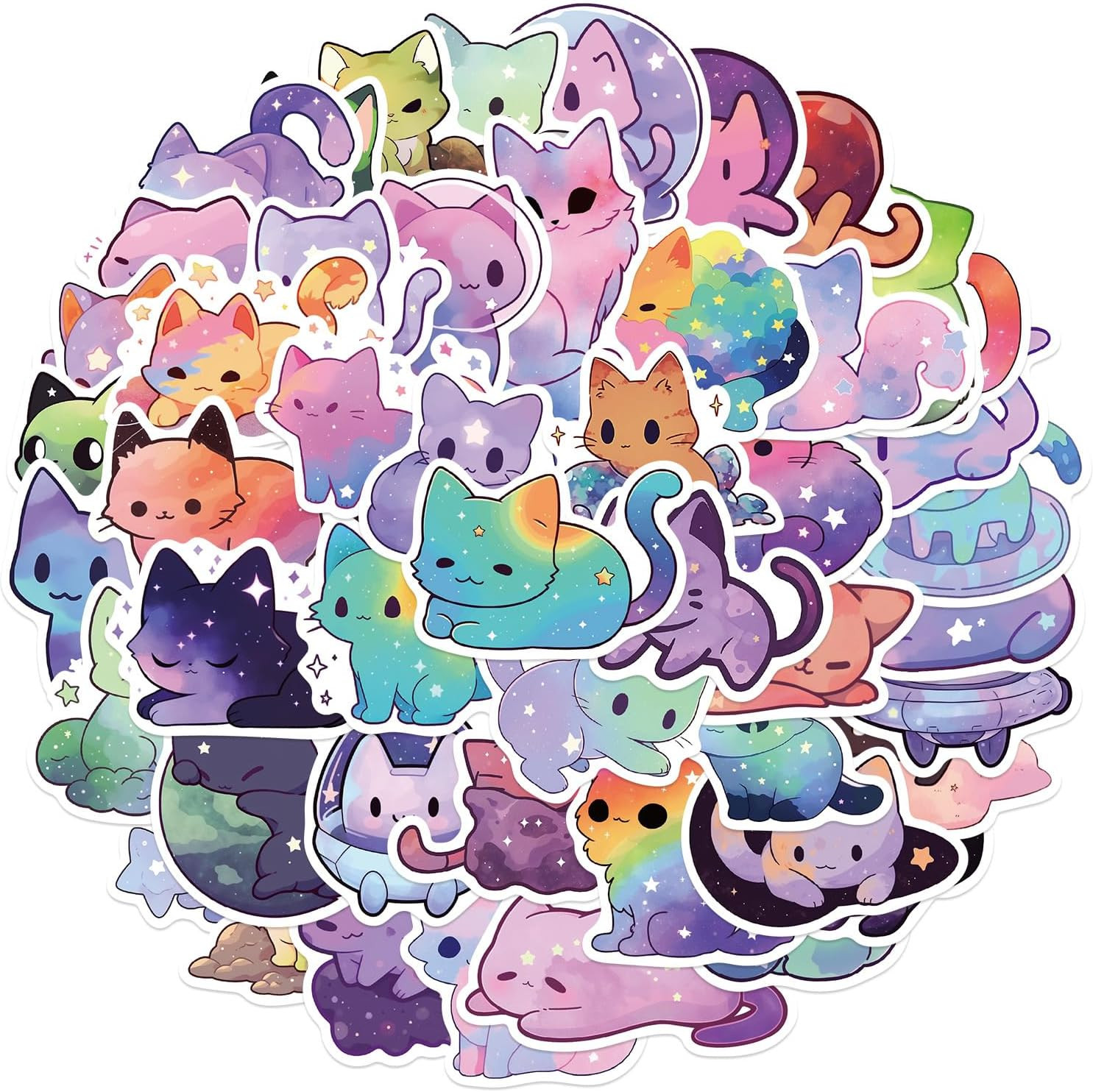 Cute Night Sky Cats Stickers for Kids Teens Adults, 50Pcs Cool Rainbow Starry Sk
