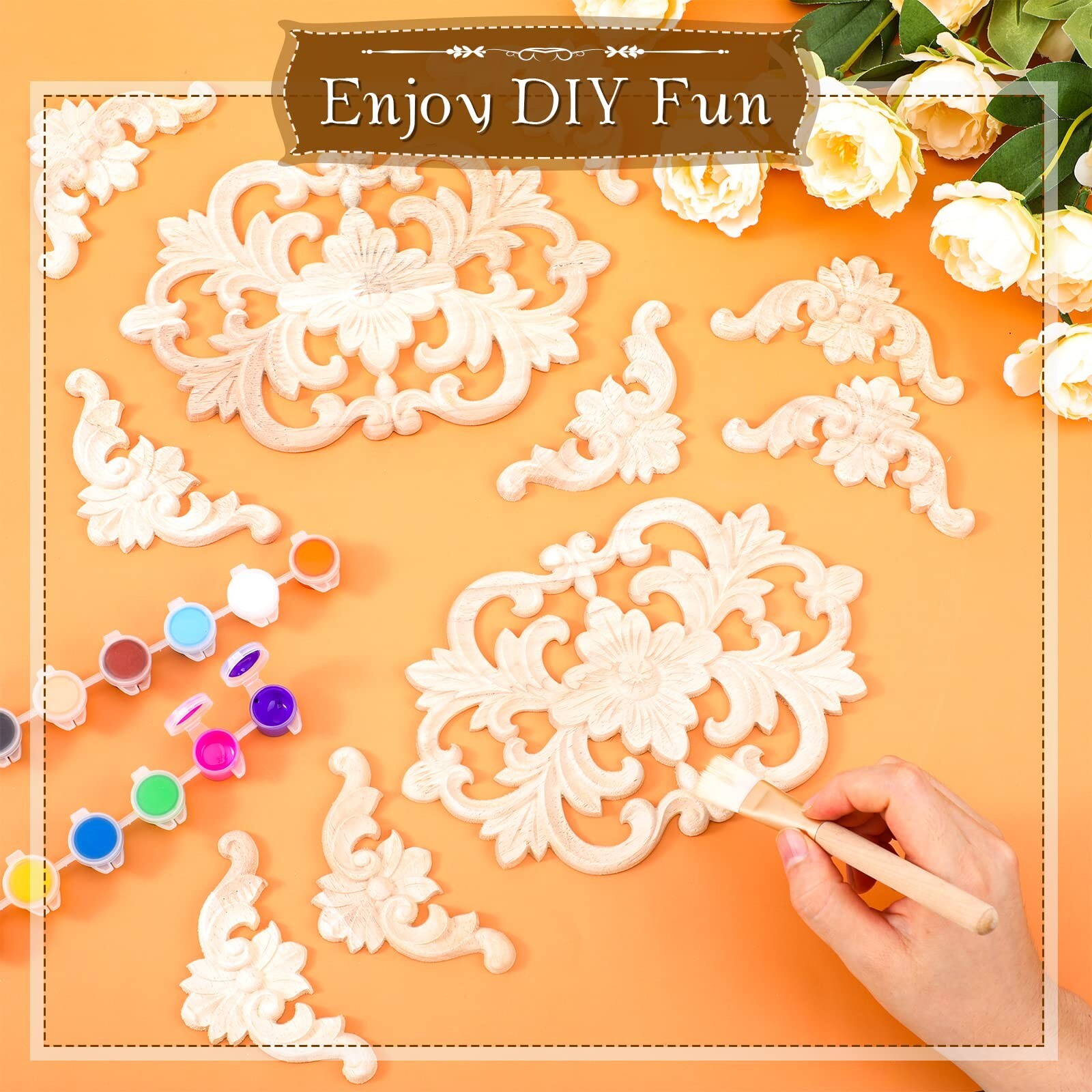 10 Pcs Wood Appliques Decorative Wood Appliques Onlays for Furniture Door Cen…