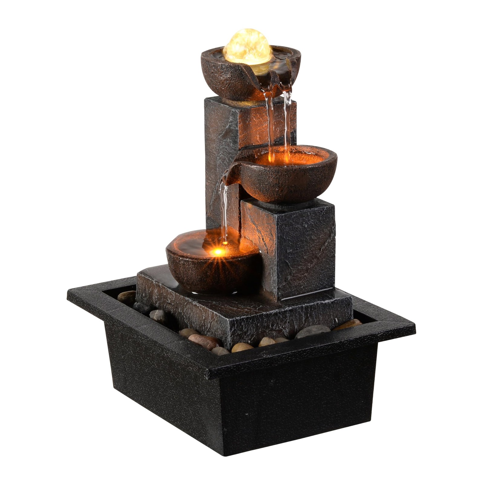 Three Bowls with Rotating Ball Flowing Tabletop Fountain Home Décor Indoor/