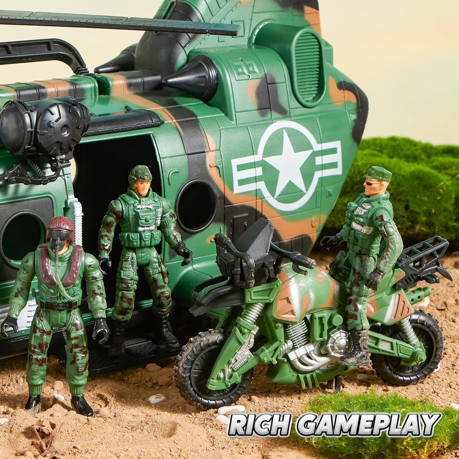 10-In-1 Military Helicopter Toys Set with Light, Sound, Trucks, Boat, Bike, Army