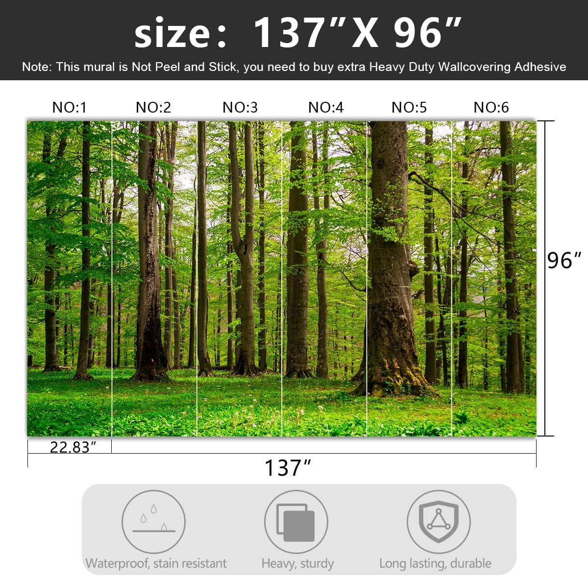 Green Forest Tree Fabric Wallpaper Mural for Living Room & Bedroom 137"x96