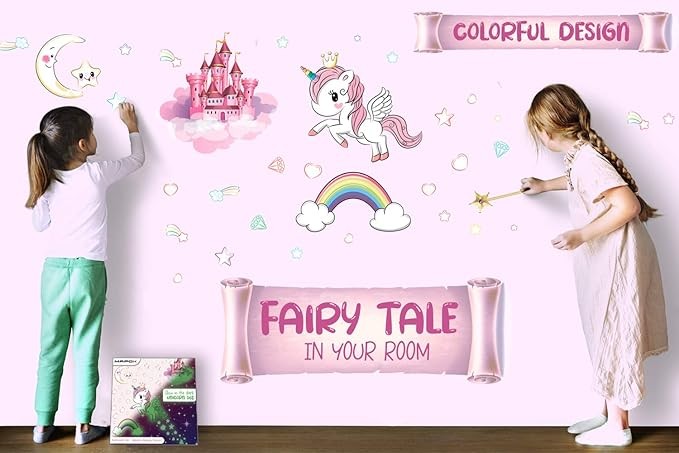 Glow in The Dark Unicorn Rainbow, Castle, Moon & Stars Vinyl Stickers Wall Decor