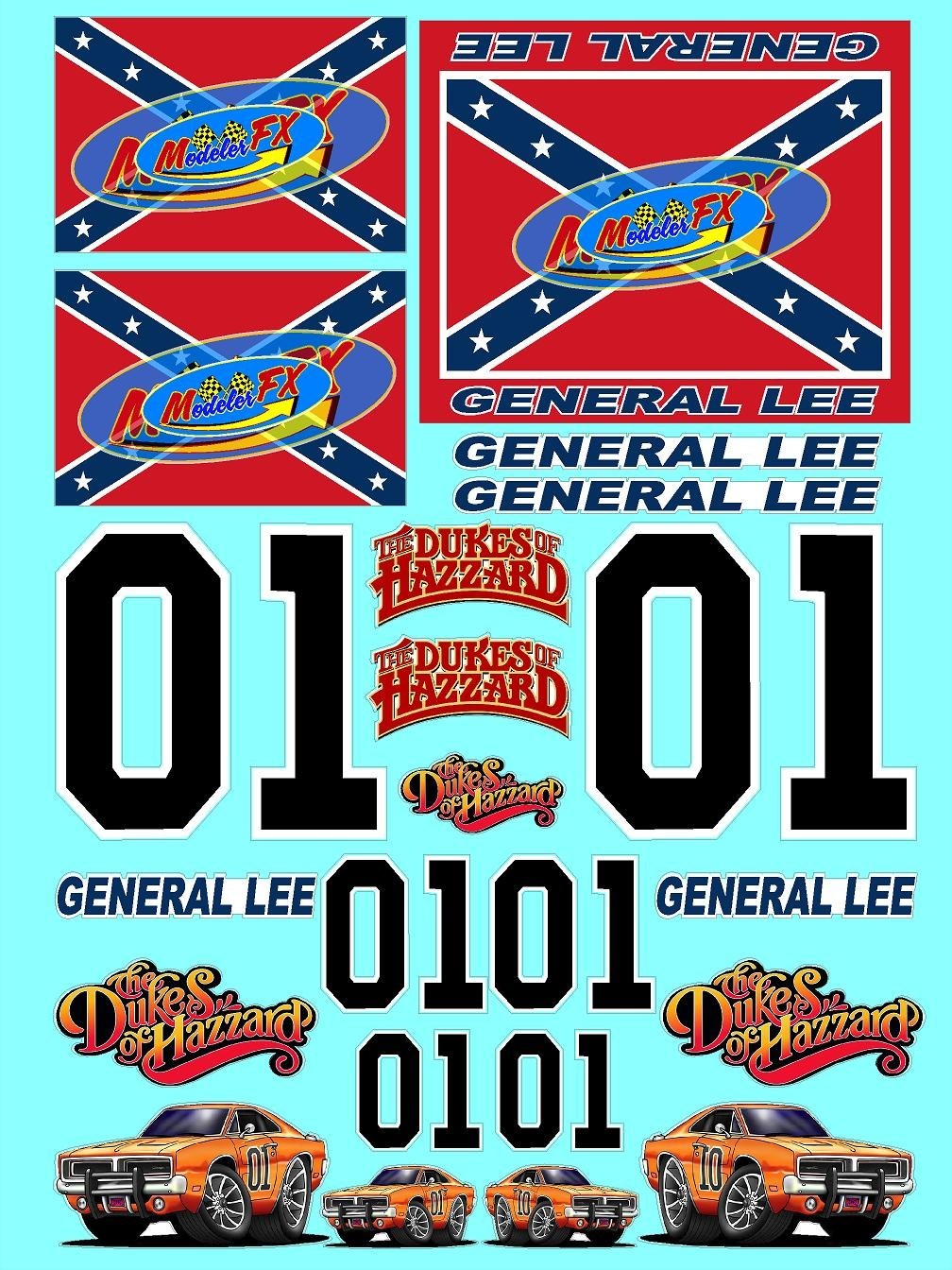 White Vinyl Sticker sheet DUKES OF HAZZARD-R/C MODEL Die-cut-Decals 1/16-1/10th