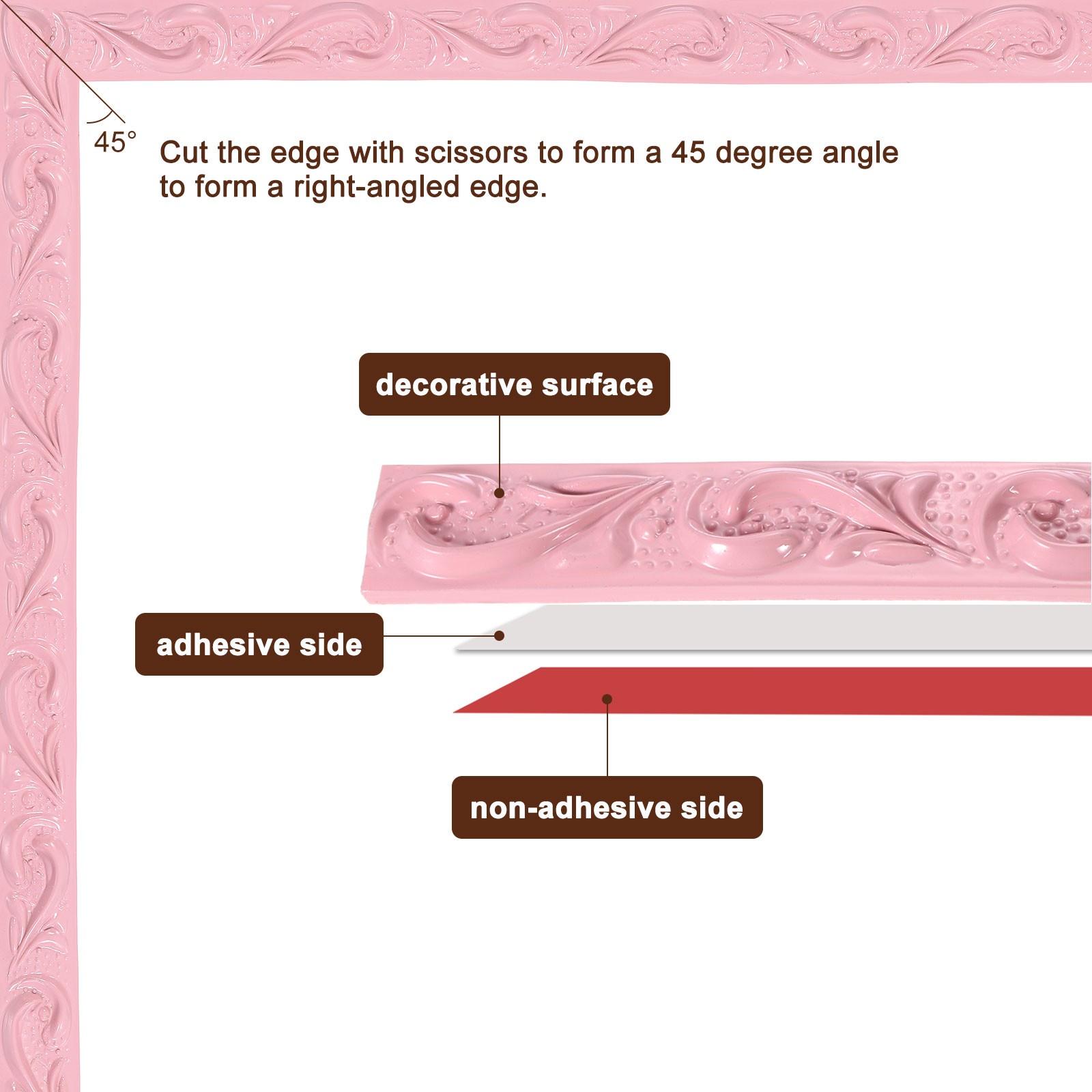 Flexible Wall Trim Molding Trim 16.4Ft x 0.79Inch Self Adhesive, Wave Pink