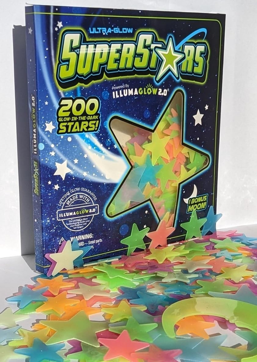 Multi-Colored Glow Stars Set – 200 Room Stickers with Bonus Moon for Kids' Décor