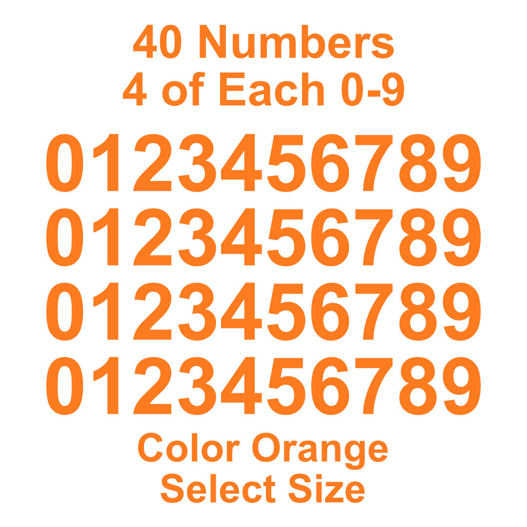 0 – 9 Number Decals Color: Orange – Select Size – 40 Stickers 4 of Each Number