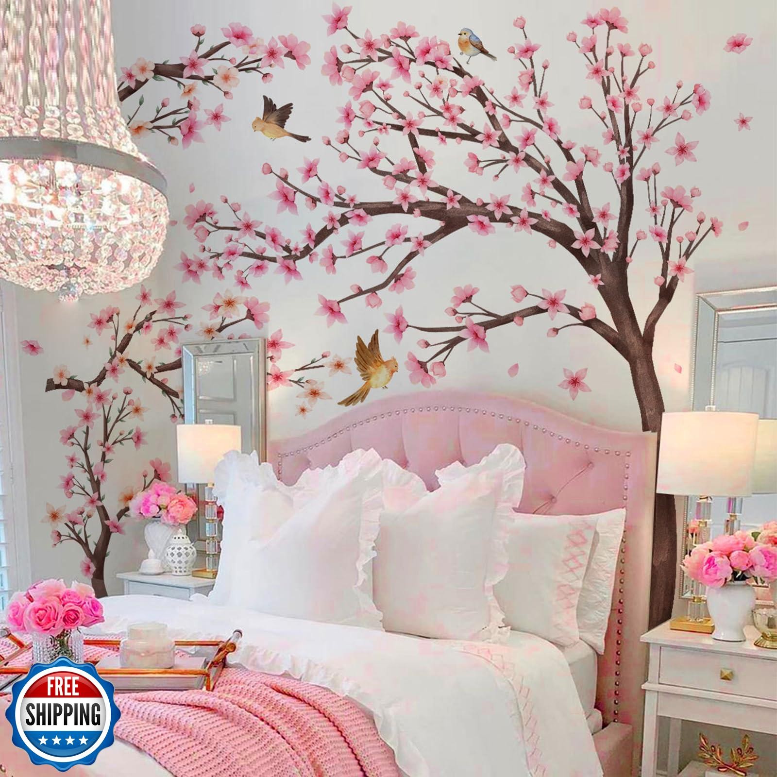 Large Cherry Blossom Tree Wall Stickers Pink Flower Tree Wall Decals for Girl